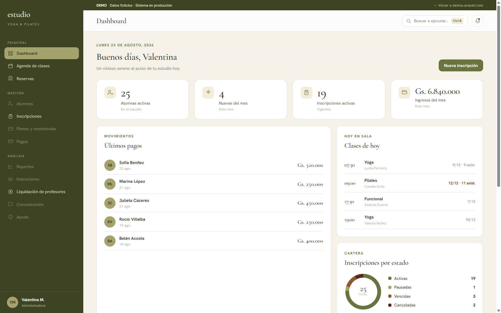 Vista del ERP para estudio de yoga y pilates